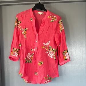 Hope Springs Pink Floral Embroidered Pullover Top V-Neck 3/4 Sleeves sz Small